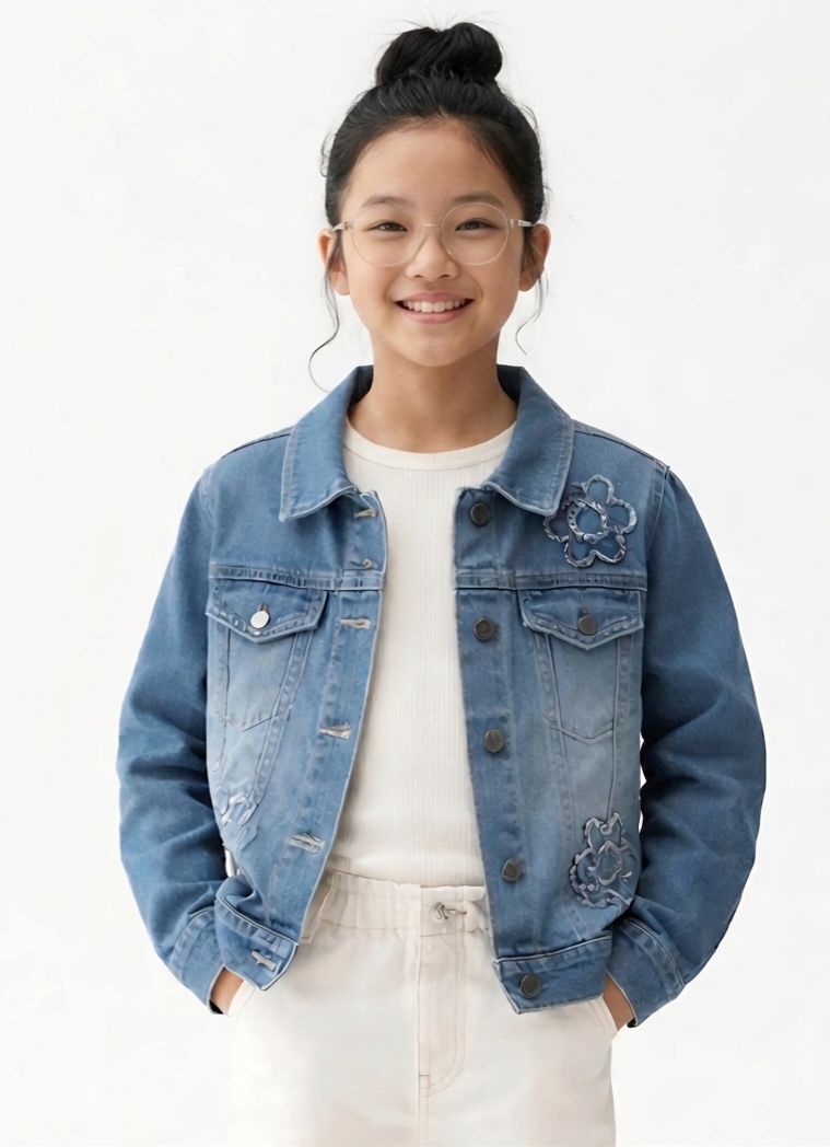 Daisy Themed Embroidered Denim Jacket