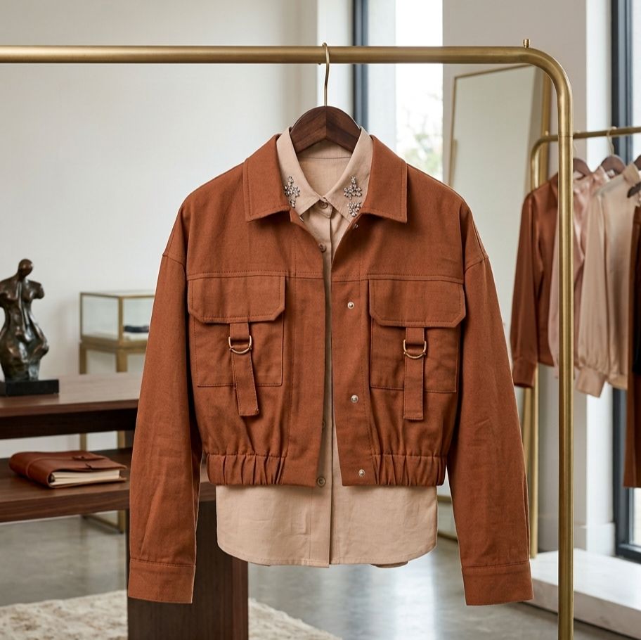 Caramel-Brown Jacket With D-Ring Ribbon Pulls
