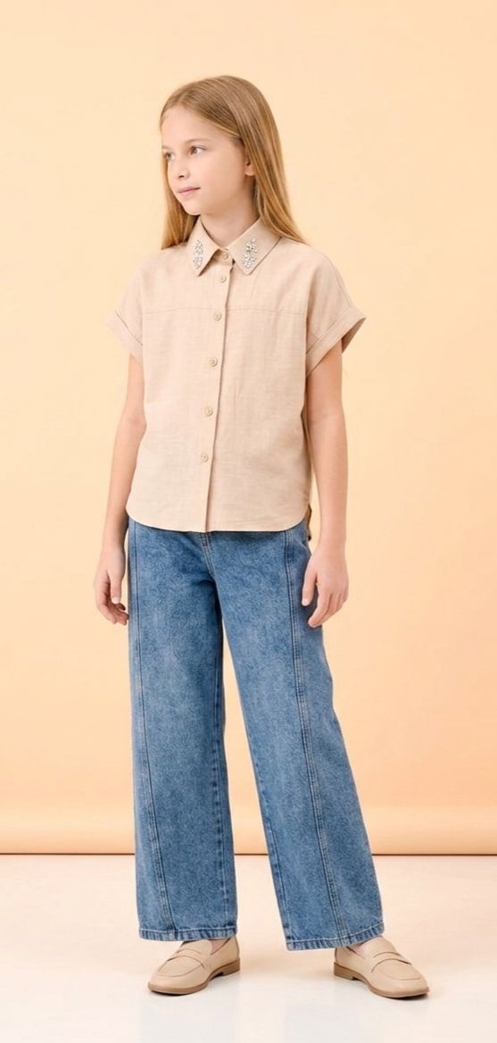 Embellished Short-Sleeve Linen-Blend Button-Down Shirt