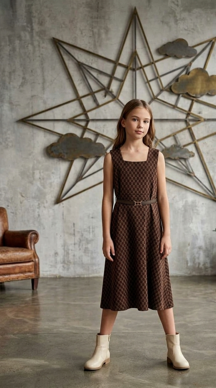 Zaya Kidz brown monogram dress, light brown jacket and knit top outfit set
