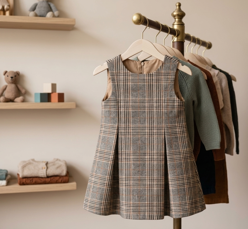 Zaya Kidz plaid dress, camel coat and blouse outfit set