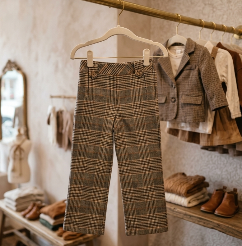 Zaya Kidz rust coat, knit vest, blouse and plaid pants outfit set