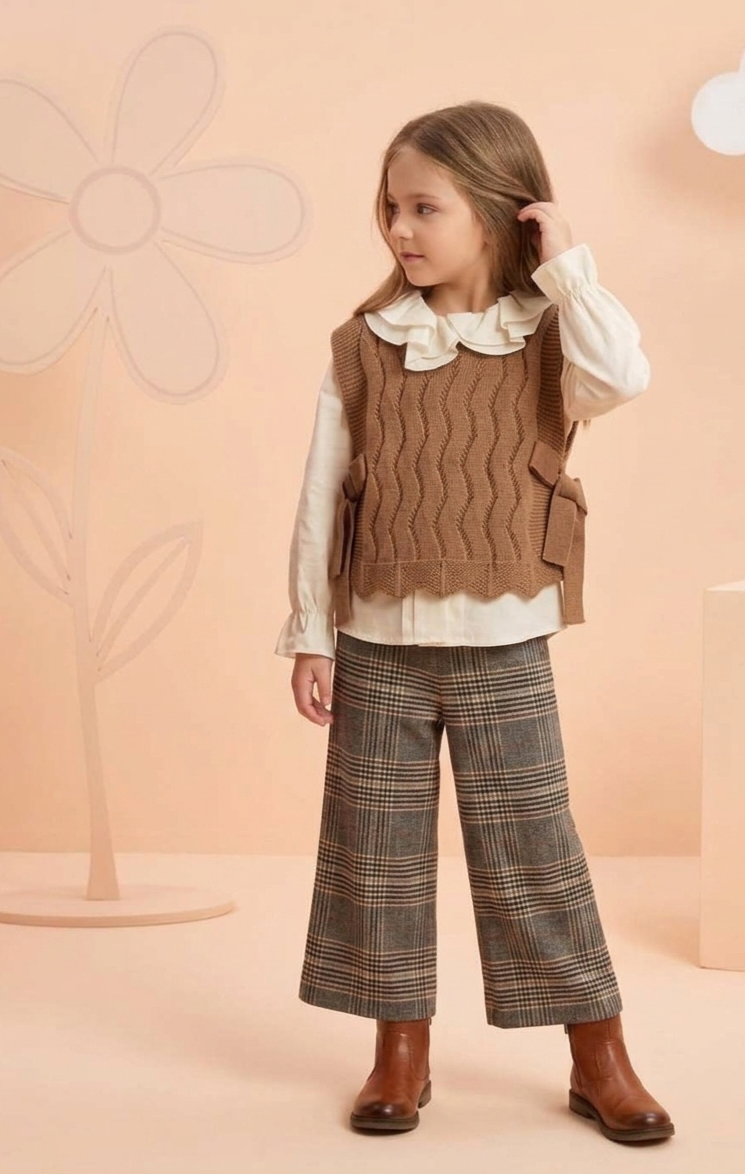 Zaya Kidz rust coat, knit vest, blouse and plaid pants outfit set