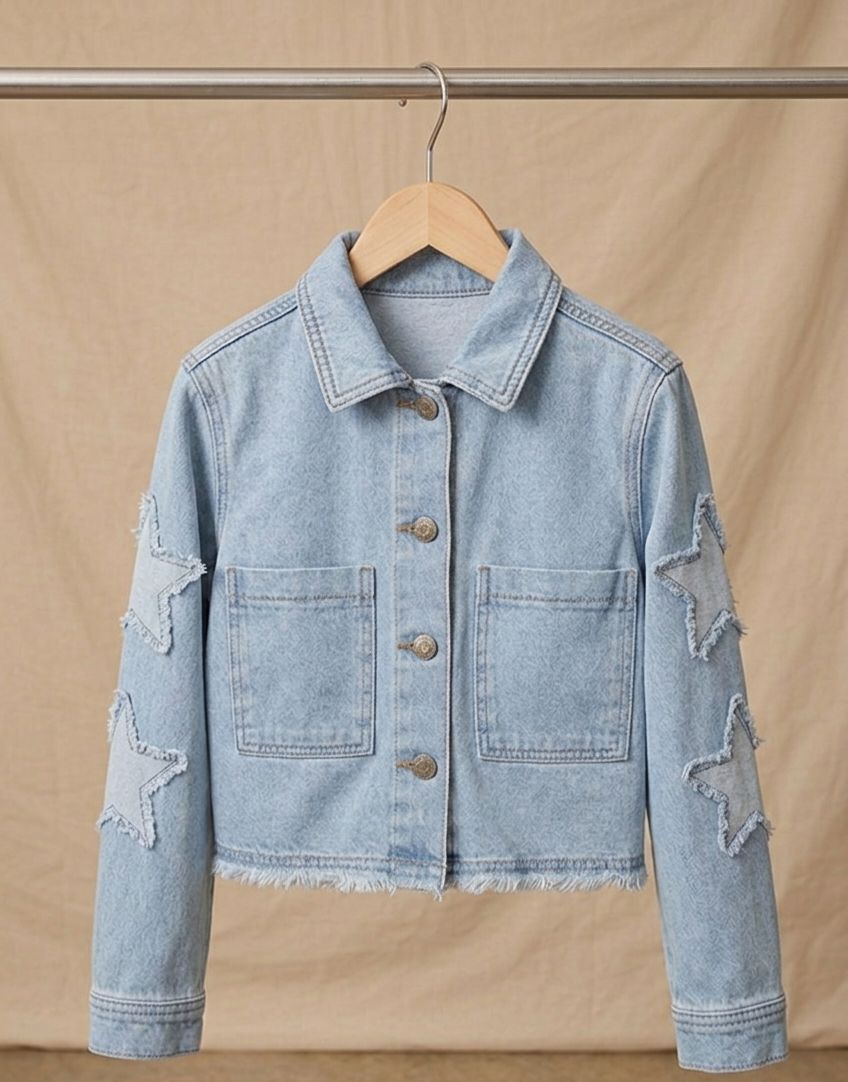 Light Wash Denim Jacket with Frayed Star Sleeves