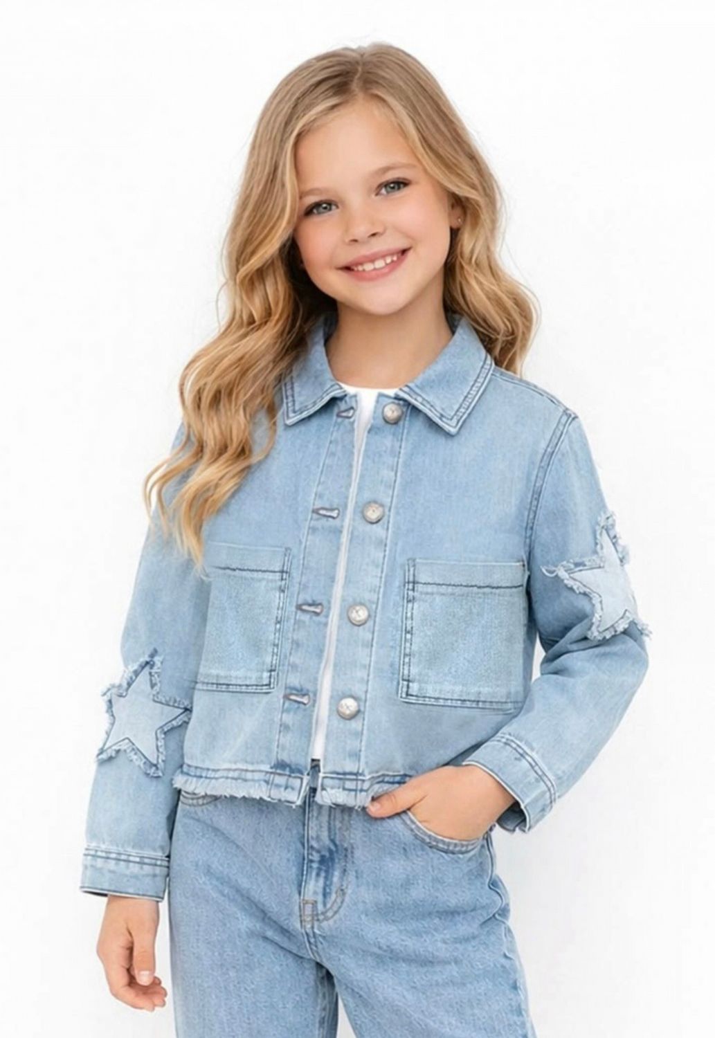 Light Wash Denim Jacket with Frayed Star Sleeves