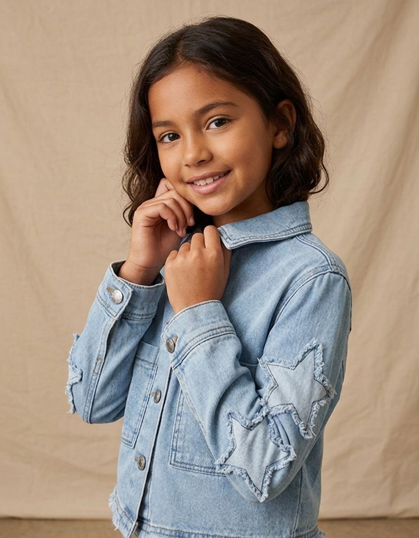 Light Wash Denim Jacket with Frayed Star Sleeves