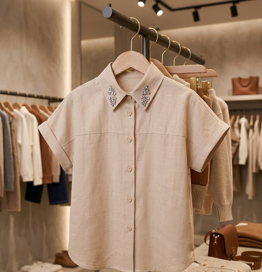 Embellished Short-Sleeve Linen-Blend Button-Down Shirt