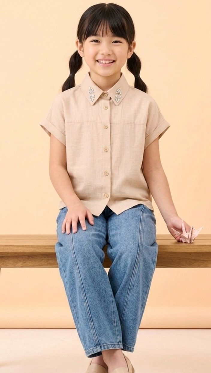 Embellished Short-Sleeve Linen-Blend Button-Down Shirt