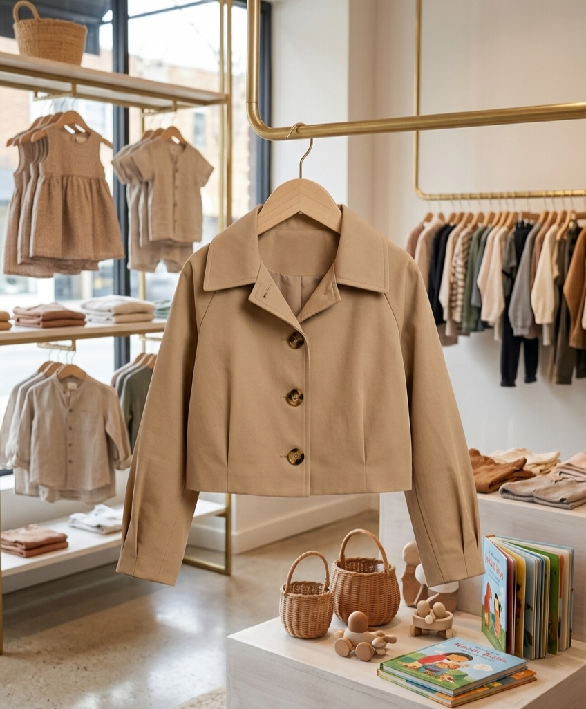 Zaya Kidz brown monogram dress, light brown jacket and knit top outfit set