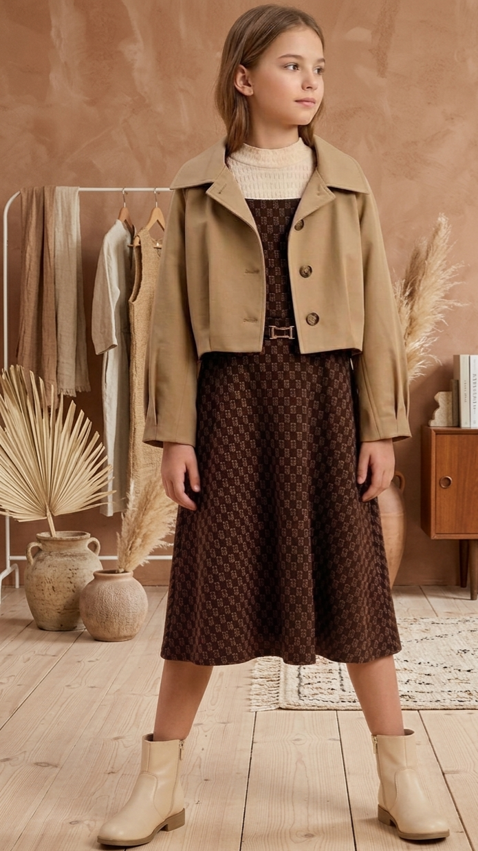 Zaya Kidz brown monogram dress, light brown jacket and knit top outfit set