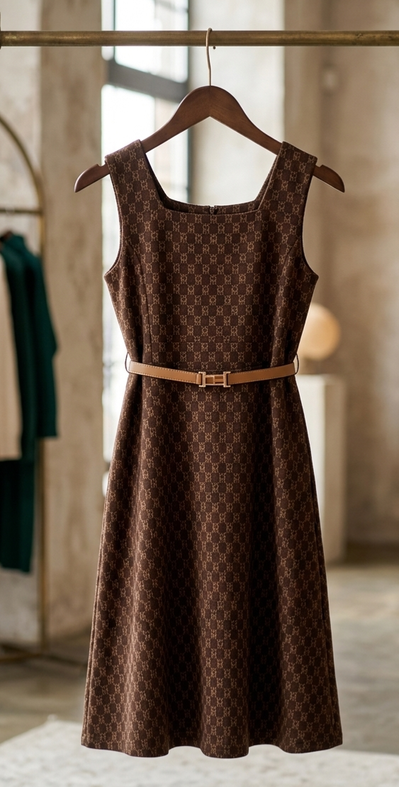 Zaya Kidz brown monogram dress, light brown jacket and knit top outfit set