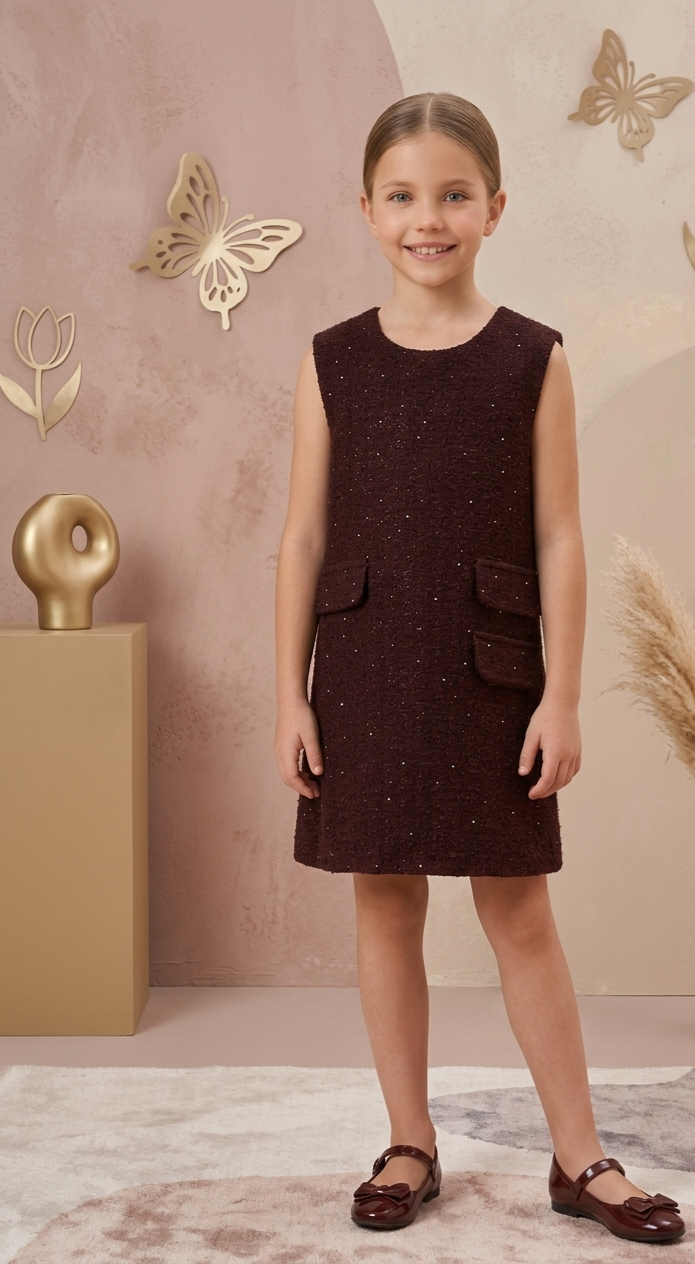 Zaya Kidz burgundy sparkle dress, beige coat and blouse outfit set