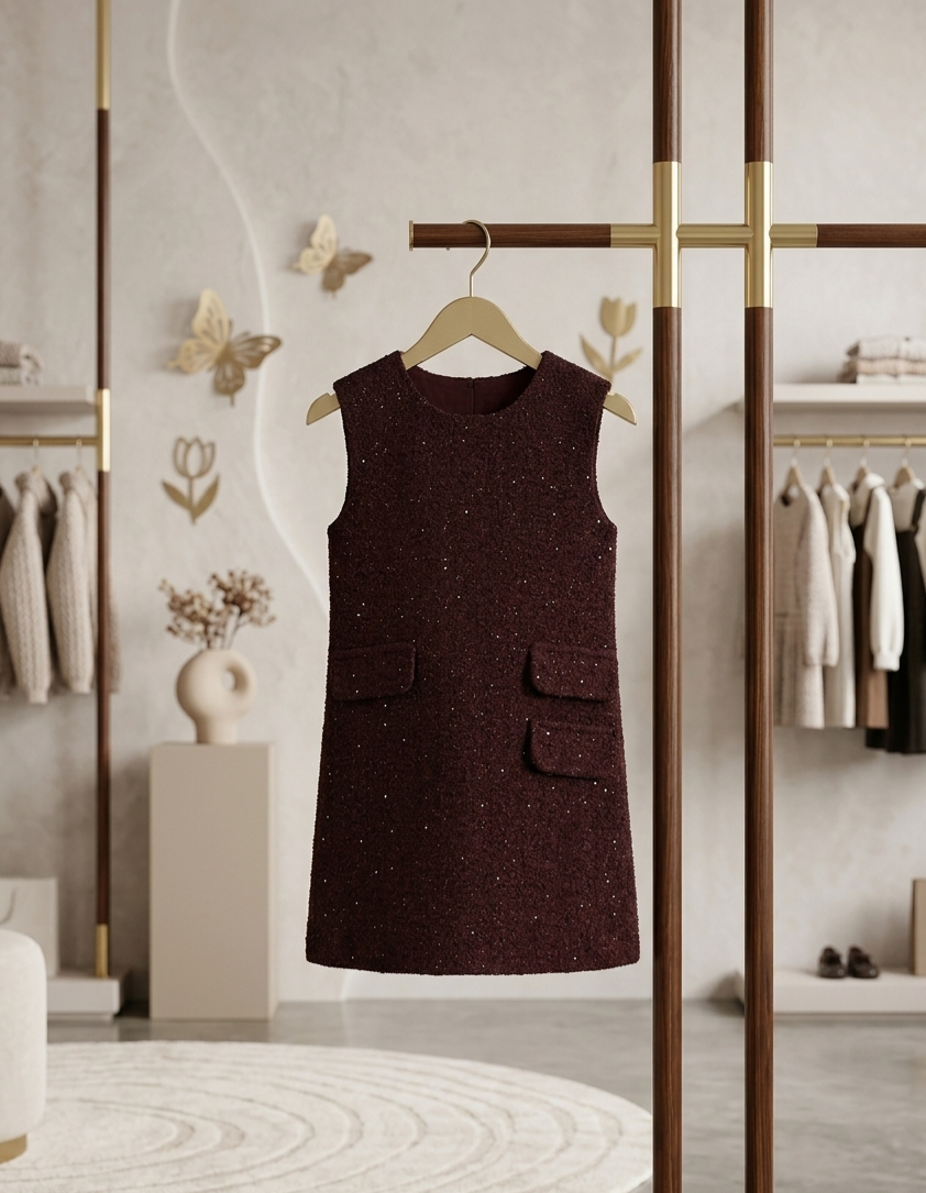 Zaya Kidz burgundy sparkle dress, beige coat and blouse outfit set