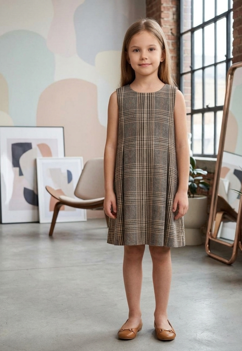 Zaya Kidz plaid dress, camel coat and blouse outfit set