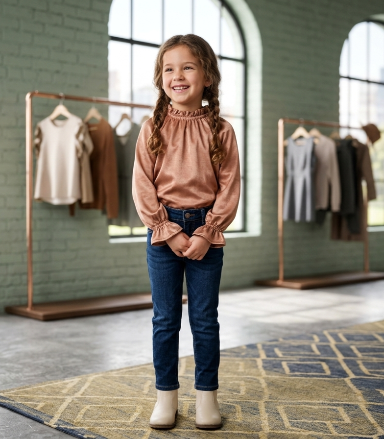 Zaya Kidz plaid dress, camel coat and blouse outfit set