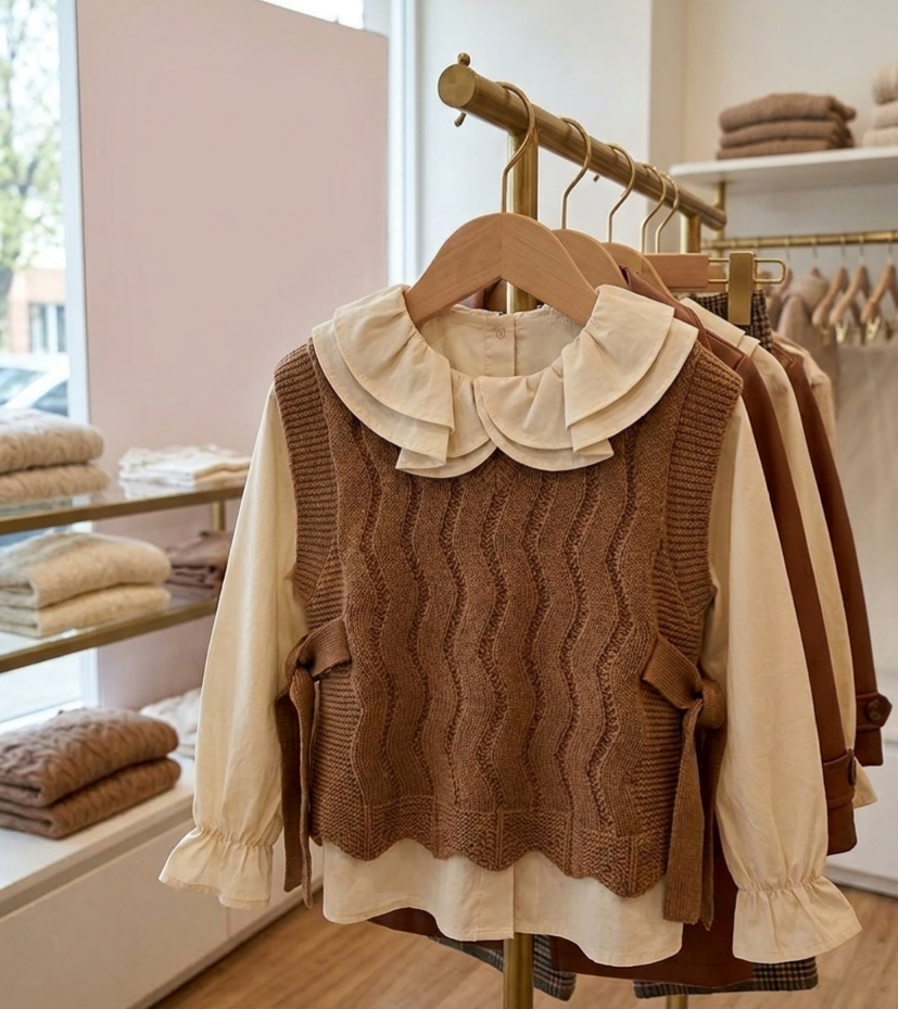 Zaya Kidz rust coat, knit vest, blouse and plaid pants outfit set