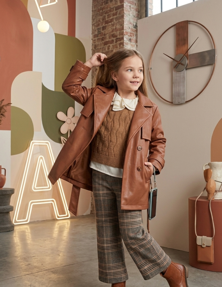 Zaya Kidz rust coat, knit vest, blouse and plaid pants outfit set