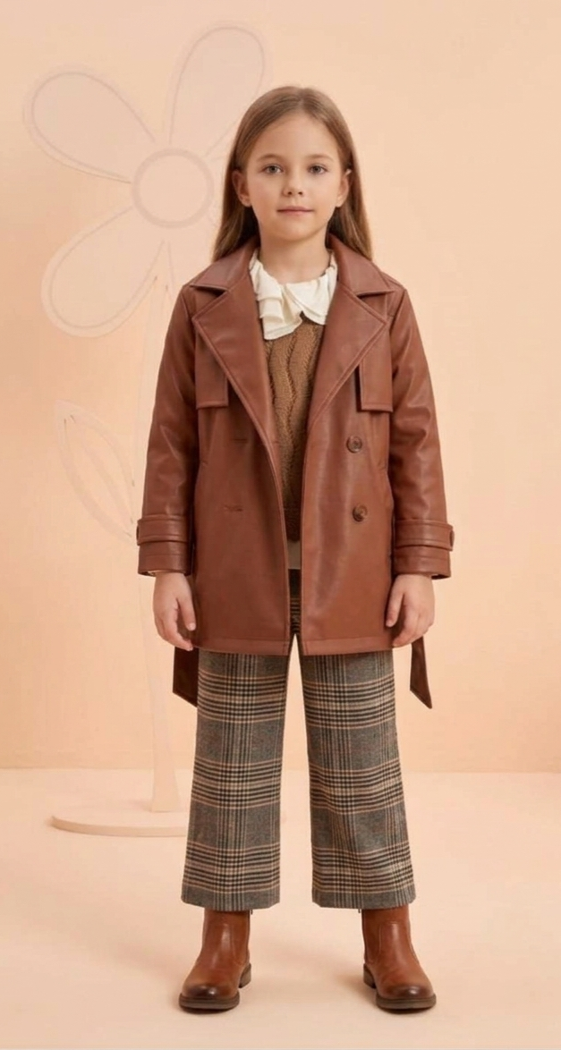 Zaya Kidz rust coat, knit vest, blouse and plaid pants outfit set