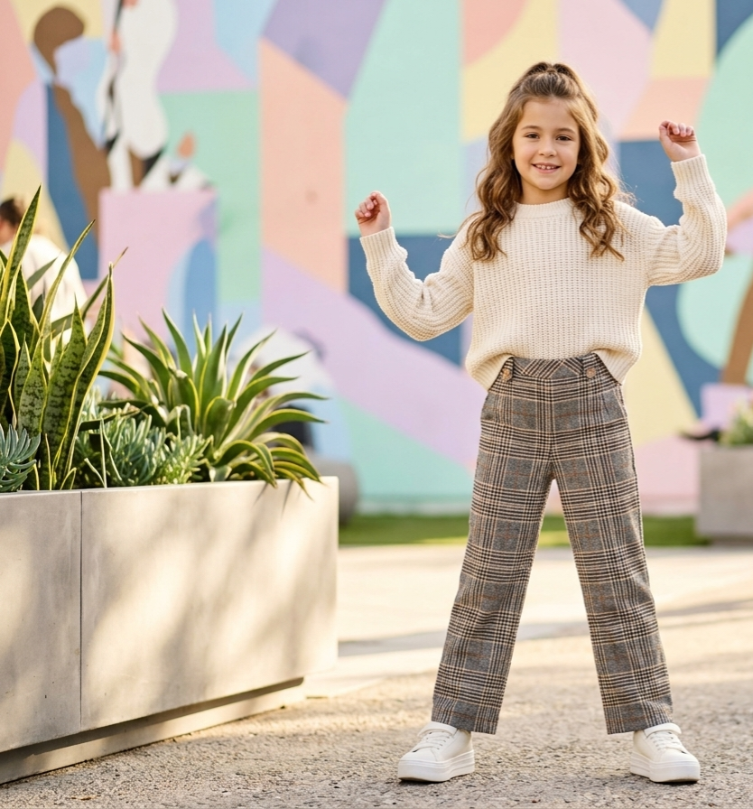 Zaya Kidz rust coat, knit vest, blouse and plaid pants outfit set