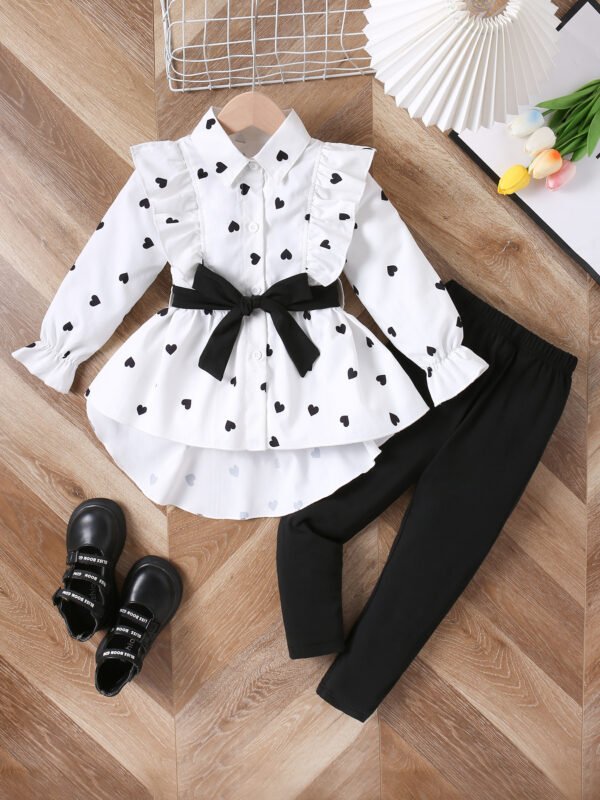 Girls’ Shirt Dress Outfit – Long Shirt with Belt & Leggings (4–7Y)