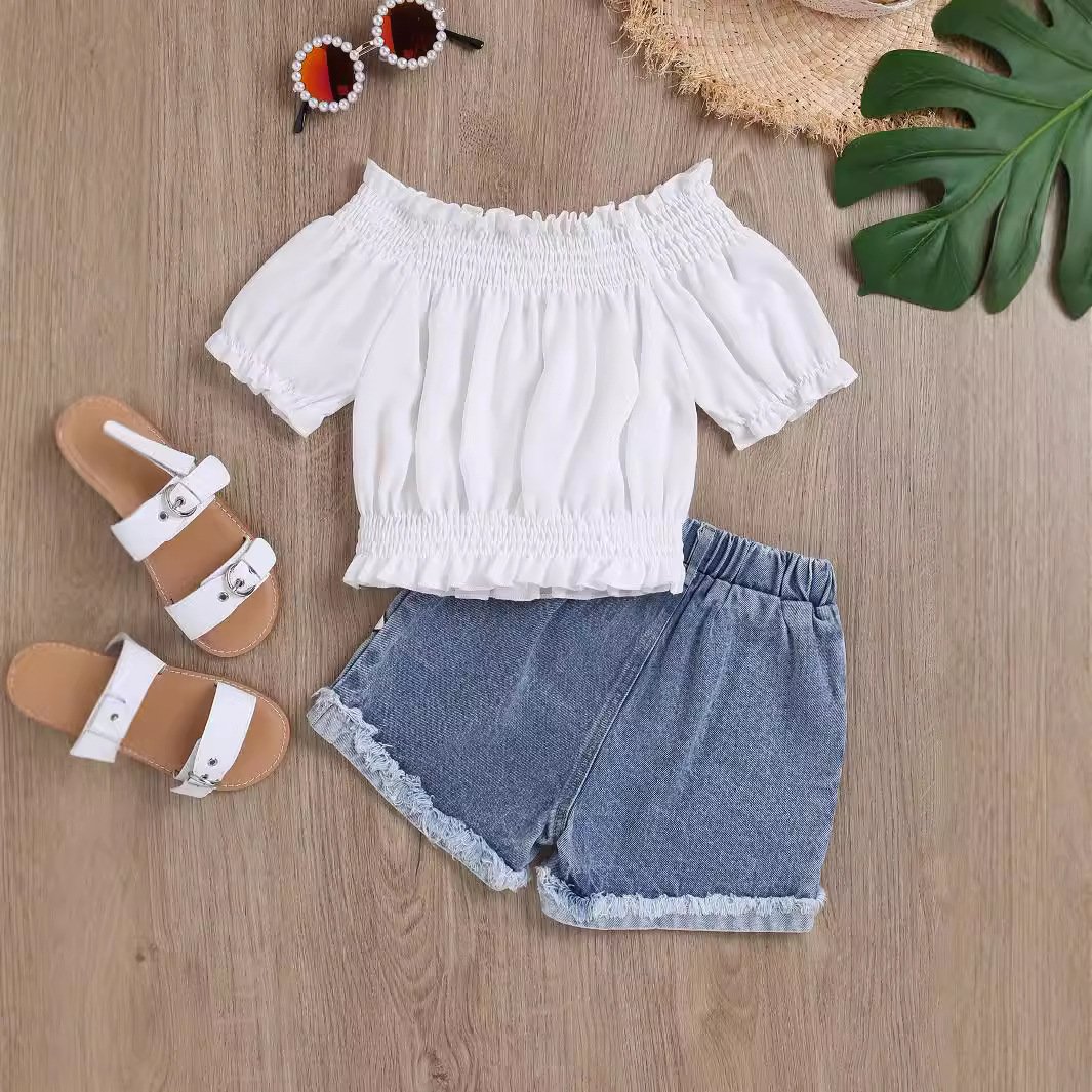 Girls’ Off-Shoulder Denim Set – Floral Outfit (1–5Y) - Image 3