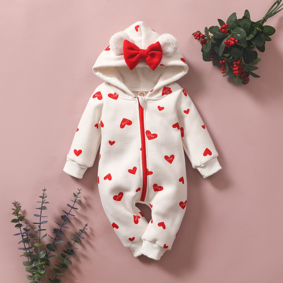 Baby Hooded Heart Romper – Zip-Up One-Piece (6–24M) - Image 2