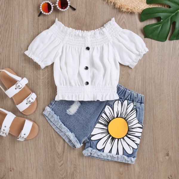 Girls’ Off-Shoulder Denim Set – Floral Outfit (1–5Y)