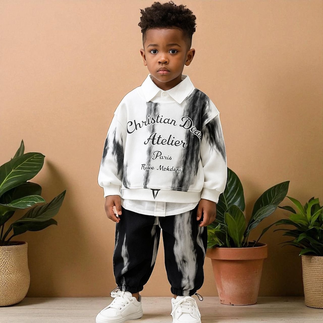 Boys’ Collared Outfit Set – Sweatshirt & Pants (1–7Y)